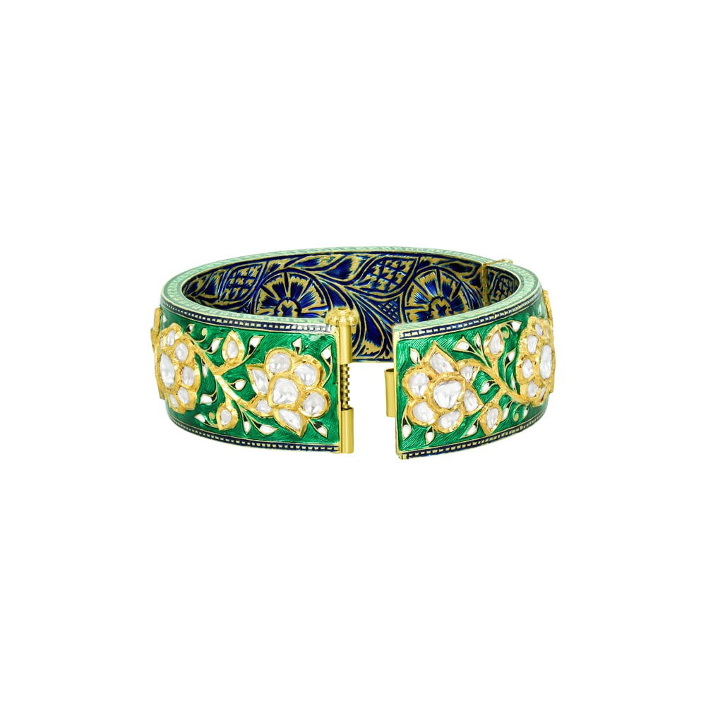 Green Enamel Bangle with Polki Florals and Blue Inner Motifs